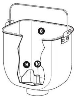 Technical diagram of a bucket with numbered parts labeled 8, 9, and 10