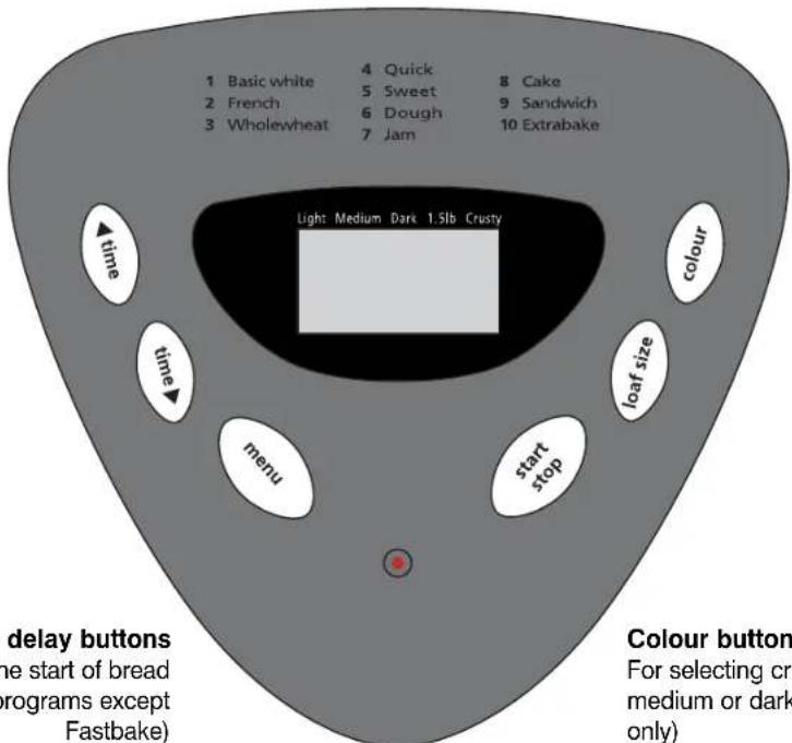 1 Basic white 4 Quick 8 Cake 2 French 5 Sweet 9 Sandwich 3 Wholewheat 6 Dough 10 Extrabake 7 Jam Light: Medium Dark 1.5lb Crusty ▲time time menu start stop loaf size colour Colour button for selecting crew medium or dark only) delay buttons the start of bread programs except Fastbake)