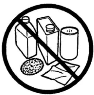 Prohibition sign with crossed-out items including milk carton, glass, and paper, symbolizing food waste or packaging.