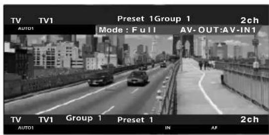 TV TV1 Preset 1Group 1 2ch Auto1 Mode : Full AV- OUT:AV-IN1 TV TV1 Group 1 Preset 1 2ch Auto1 IN AF