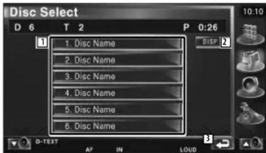 Disc Select D 6 T 2 P 0:26 1. Disc Name 2. Disc Name 3. Disc Name 4. Disc Name 5. Disc Name 6. Disc Name DISP D-TEXT AF IN LOUD