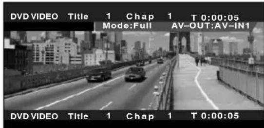 DVD VIDEO Title 1 Chap 1 T 0:00:05 Mode:Full AV-OUT:AV-IN1 DVD VIDEO Title 1 Chap 1 T 0:00:05