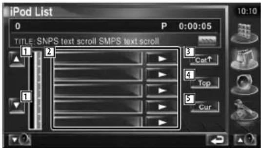 iPod List 0 P 0:00:05 TITLE: SNPS text scroll SMPS text scroll 1 2 3 Cat↑ 4 Top Cur 1 2 3 4 5 1