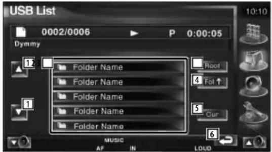 USB List 0002/0006 P 0:00:05 Dymmy Folder Name Folder Name Folder Name Folder Name Folder Name Folder Name MUSIC AF IN LOUD 10:10 Root 4 Fol ↑ 5 Our 6