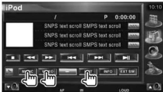 iPod / P 0:00:00 SNPS text scroll SMPS text scroll SNPS text scroll SMPS text scroll SNPS text scroll SMPS text scroll MPC VEO INT INFO EXT SW AF IN LOUD