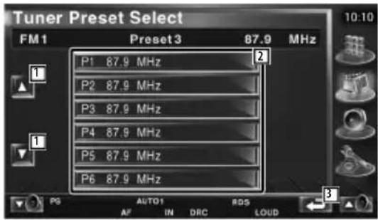 Tuner Preset Select FM1 Preset3 87.9 MHz P1 87.9 MHz P2 87.9 MHz P3 87.9 MHz P4 87.9 MHz P5 87.9 MHz P6 87.9 MHz 10:10 1 1 PG AUTO1 RDS AF IN DRC LOUD