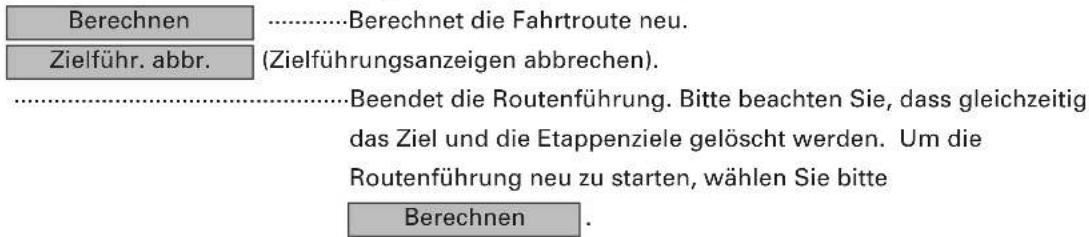 Berechnen Zielführ. abbr. Berechnet die Fahrtroute neu. (Zielführungsanzeigen abbrechen). Beendet die Routenführung. Bitte beachten Sie, dass gleichzeitig das Ziel und die Etappenziele gelöscht werden. Um die Routenführung neu zu starten, wählen Sie bitte Berechnen