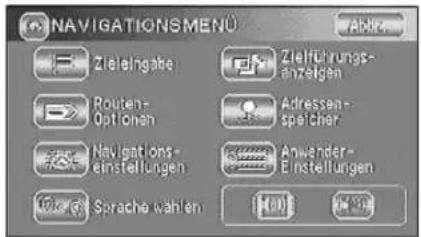 NAVIGATIONSMENU Abbr. Zieleingabe Zielführungs- anzeigen Routen- Optionen Adressen- speicher Navigations- einstellungen Anwender- Einstellungen Sprache wählen