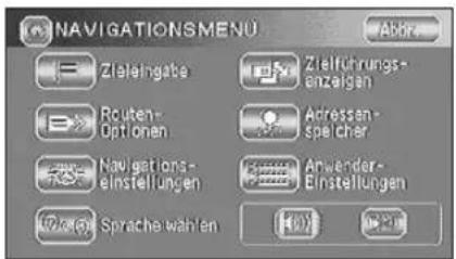 NAVIGATIONSMENU Abbr. Zieleingabe Zielführungs- anzeigen Router- Optionen Adressen- spel char Navigations- einstellungen Anwender- Einstellungen Sprache wählen