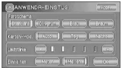 ANWENDR-EINSTLG. Farbschema Standard Olivgrün Blau Braun Karten-Mod. Auto Tag Nacht Lackstärke Einheiten Meter Mellen OK