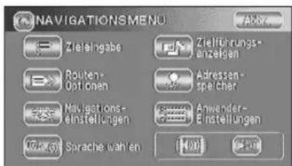 NAVIGATIONSMENU Zieleingabe Zielführungs- einzelgen Routen- Optionen Adressen- spielcher Navigations- einstellungen Anwender- Einstellungen Sprache wählen