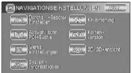NAVIGATIONSEINSTELLUNGEN Abbr. Durchs -Geschw Einstellen Kellbrierung Auswahl'schn. POI-Suche Kerten- Version Werks einstellungen 2D/3D-Ansicht System- Informationen