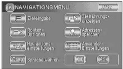 NAVIGATIONSMENU Zieleingabe Zieleführungs- anzeigen Routen- Optionen Adressen- speicher Navigations- einstellungen Anwender- Einstellungen Sprache wahlen