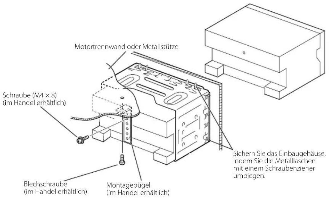 Motortrennwand oder Metallstütze Schraube (M4 x 8) (im Handel erhältlich) Sichern Sie das Einbaugehäuse, indem Sie die Metallaschen mit einem Schraubenzieher umbiegen. Blechschraube (im Handel erhältlich) Montagebügel (im Handel erhältlich)