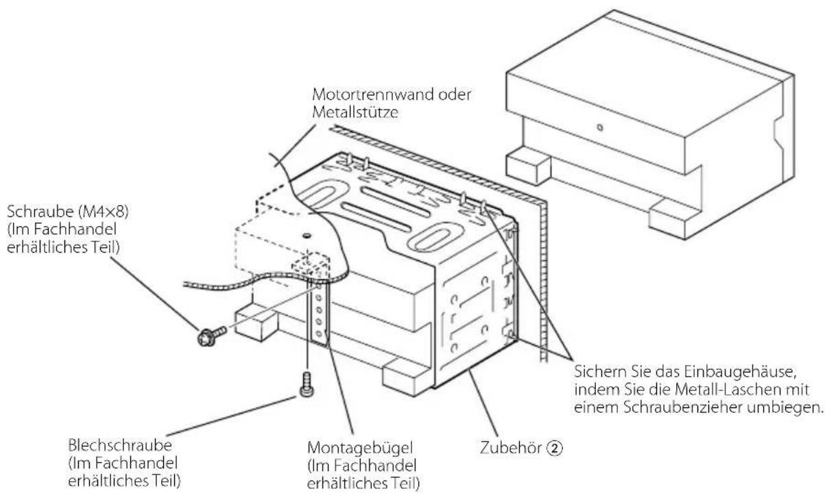 Motortrennwand oder Metallstütze Schraube (M4x8) (Im Fachhandel erhältliches Teil) Blechschraube (Im Fachhandel erhältliches Teil) Montagebügel (Im Fachhandel erhältliches Teil) Sichern Sie das Einbaugehäuse, indem Sie die Metall-Laschen mit einem Schraubenzieher umbiegen. Zubehör ②