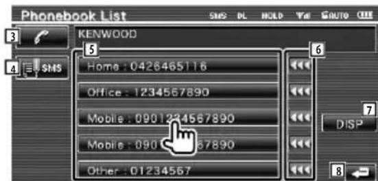 Phonebook List SMS DL HOLD YE AUTO QLE 3 KENWOOD 5 Home : 0426465116 Office : 1234567890 Mobile : 0901234567890 Mobile : 0901234567890 Other : 01234567 6 DISP 7 8 ←