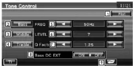 Tone Control 11:21 Flat 2 Bass FREQ 5 50Hz 3 Middle LEVEL 6 7 4 Triple Q Factc 7 1.25 8 Bass DC EXT ON OFF TI 9
