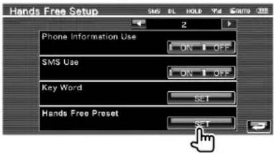 Hands Free Setup SMS DL HOLD YAI AUTO 2 Phone Information Use ON OFF SMS Use ON OFF Key Word SET Hands Free Preset SET