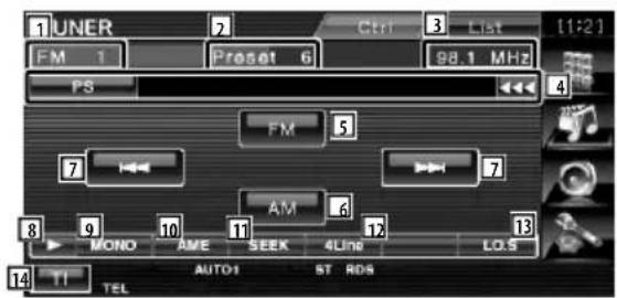 1UNER FM 1 Preset 6 98.1 MHz PS FM 5 7 AM 6 8 MONO AME SEEK 4Line LO.S 13 14 TEL AUTO1 ST RDS