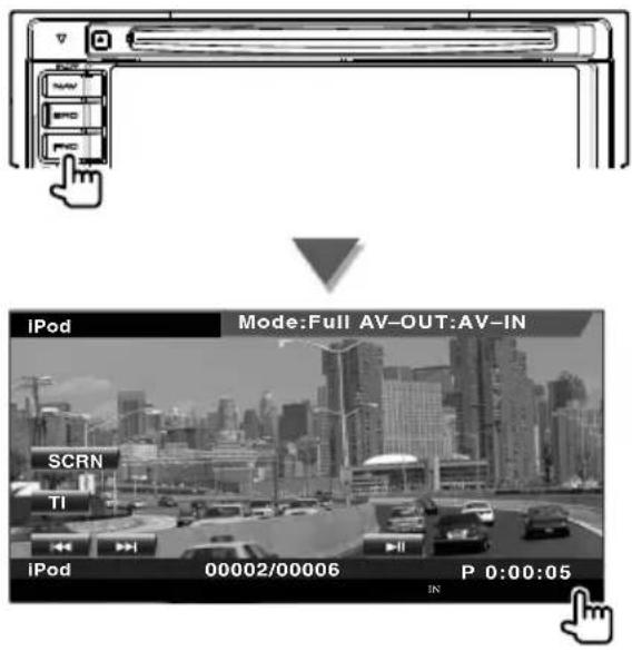 iPod Mode:Full AV-OUT:AV-IN SCRN TI iPod 00002/00006 P 0:00:05 IN