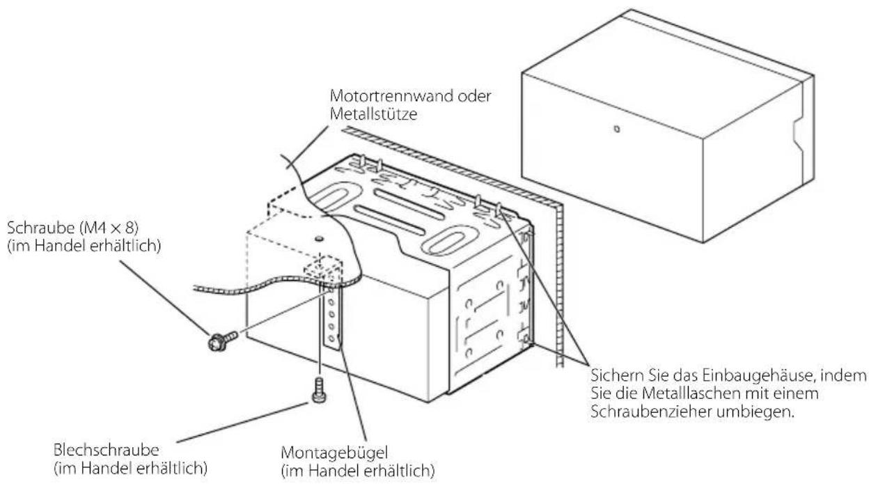 Motortrennwand oder Metallstütze Schraube (M4 x 8) (im Handel erhältlich) Sichern Sie das Einbaugehäuse, indem Sie die Metalllaschen mit einem Schraubenzieher umbiegen. Blechschraube (im Handel erhältlich) Montagebügel (im Handel erhältlich)