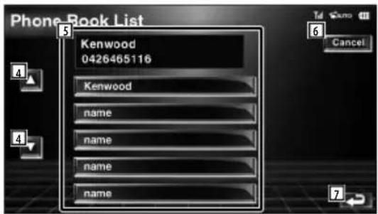 Phone Book List Kenwood 0426465116 Kenwood name name name name Cancel Tel 7