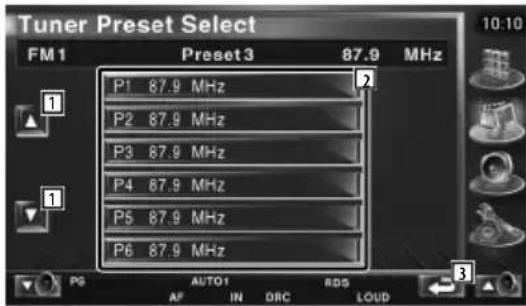 Tuner Preset Select FM1 Preset3 87.9 MHz P1 87.9 MHz P2 87.9 MHz P3 87.9 MHz P4 87.9 MHz P5 87.9 MHz P6 87.9 MHz 10:10 1 2 3 P3 AUTO1 RDS AF IN DRC LOUD