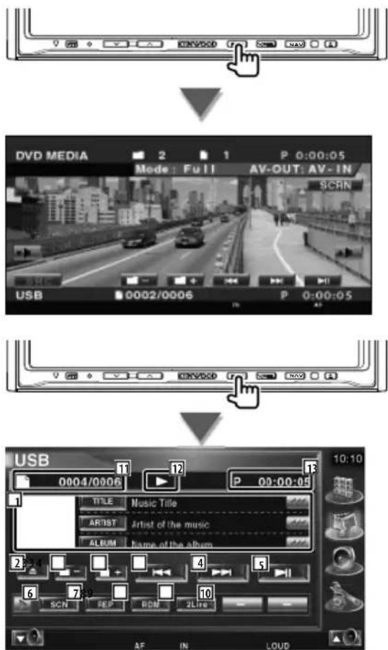DVD MEDIA Mode: Full AV-OUT: AV-IN USB 0002/0006 P 0:00:05 USB 0004/0006 P 00:00:05 TITLE Music Title ARTIST Artist of the music ALBUM Home of the album 1 2 3 4 5 6 7 8 9 10 SCN FED RDN 2Line AF IN LOUD