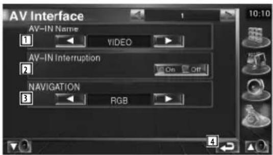 AV Interface AV-IN Name 1 VIDEO AV-IN Interruption 2 On Off NAVIGATION 3 RGB 10:10