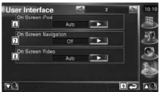 User Interface On Screen iPod 6 Auto On Screen Navigation 7 Off On Screen Video 8 Auto 10:10
