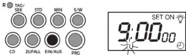 R TAG/ SEK STD MIN S/W CD ZUFALL EIN/AUS PRG SET ON 9:00.00