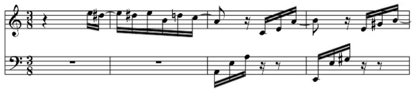Musical score snippet with treble and bass clefs, showing notes, rests, and articulation marks