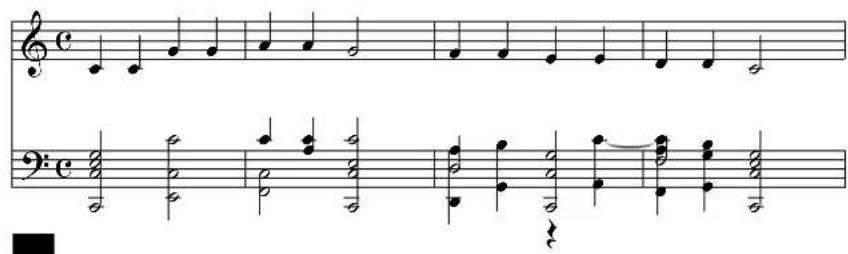 Musical score snippet with treble and bass clefs, showing notes and rests in 4/4 time signature