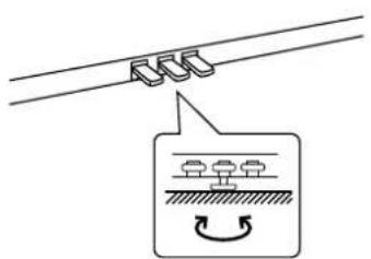 Diagram showing a mechanical or electrical setup with three clips attached to a wire, and a magnified view of a component with rotational motion indicated by arrows.