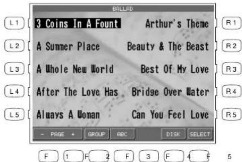 BALLAD 3 Coins In A Fount Arthur's Theme A Summer Place Beauty & The Beast A Whole New World Best Of My Love After The Love Has Bridge Over Water Always A Woman Can You Feel Love - PAGE • GROUP REC DISK SELECT F 1 F 2 F 3 F 4 5