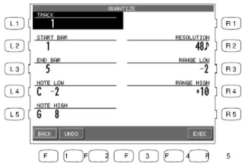 OUNTIZE TRACK 1 START BAR RESOLUTION 1 48 END BAR RANGE LOW 5 -2 NOTE LOW RANGE HIGH C -2 +10 NOTE HIGH G 8 BACK UNDO EXEC F 1 F 2 F 3 F 4 R 5