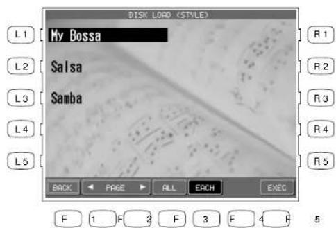 DISK LOAD L1 My Bossa L2 Salsa L3 Samba R1 R2 R3 R4 R5 BACK PAGE ALL EACH EXEC F 1 F 2 F 3 F 4 F 5