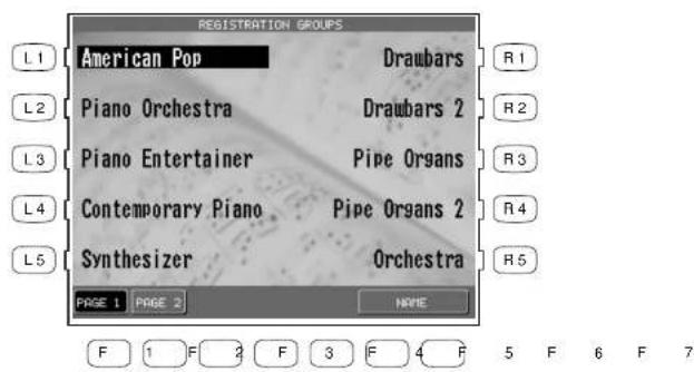 REGISTRATION GROUPS L1 American Pop Draubars R1 L2 Piano Orchestra Draubars 2 R2 L3 Piano Entertainer Pipe Organs R3 L4 Contemporary Piano Pipe Organs 2 R4 L5 Synthesizer Orchestra R5 PAGE 1 PAGE 2 NAME F 1 F 2 F 3 F 4 F 5 F 6 F 7