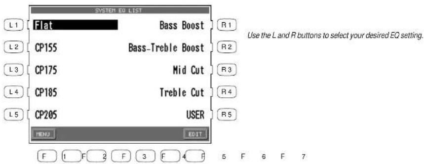 SYSTEM EQ LIST L1 Flat Bass Boost R 1 L2 CP155 Bass-Treble Boost R 2 L3 CP175 Mid Cut R 3 L4 CP185 Treble Cut R 4 L5 CP205 USER R 5 MENU EDIT F 1 F 2 F 3 F 4 F 5 F 6 F 7 Use the L and R buttons to select your desired EQ setting.