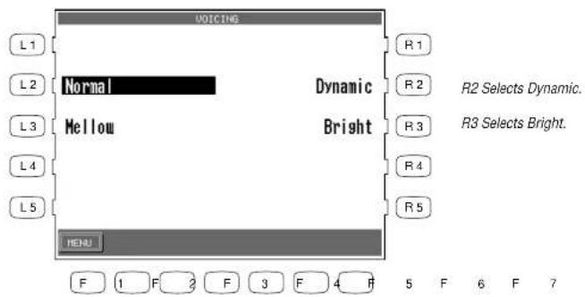 VOICING L1 L2 L3 L4 L5 Normal Dynamic Mellow Bright MENU F 1 F 2 F 3 F 4 F R1 R2 R3 R4 R5 R2 Selects Dynamic. R3 Selects Bright.