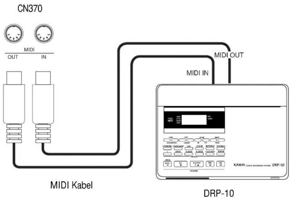 graph TD A["CN370"] --> B["MIDI Kabel"] B --> C["DRP-10"] C --> D["MIDI OUT"] D --> E["MIDI IN"] E --> F["OUT"] style A fill:#f9f,stroke:#333 style C fill:#ccf,stroke:#333 style D fill:#cfc,stroke:#333