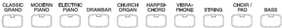 CLASSIC GRAND MODERN PIANO ELECTRIC PIANO DRAWBAR CHURCH ORGAN HARPSI-CHORD VIBRAPHONE STRING CHOIR / PAD BASS