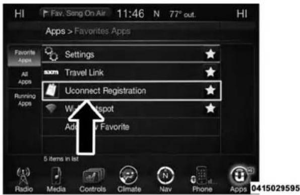 Hi Fav. Song On Air 11:46 N 77° out. HI Apps > Favorites Apps Favorite Apps Settings All Apps Travel Link Running Apps Uconnect Registration What Hotspot Add Now Favorite 5 items in list Radio Media Controls Climate Nav Phone Apps 0415029595