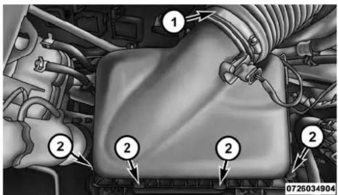 Technical diagram of an engine compartment with numbered parts and a vehicle identifier