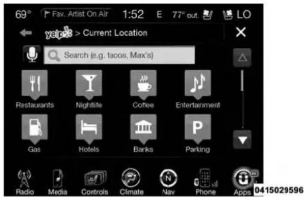 69° Fav. Artist On Air 1:52 E 77° out. LO yaloo > Current Location Search (e.g. tacos, Max's) Restaurants Nightlife Coffee Entertainment Gas Hotels Banks Parking Radio Media Controls Climate Nav Phone Apps 0415029596