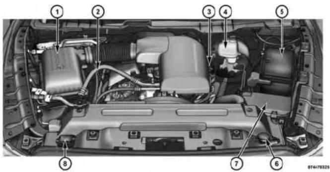 Labeled diagram of a car engine bay showing numbered components for identification