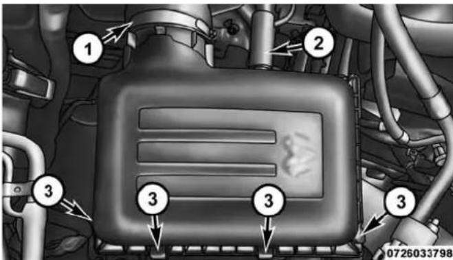 Technical diagram of a vehicle engine compartment with numbered parts and directional arrows indicating assembly or status.