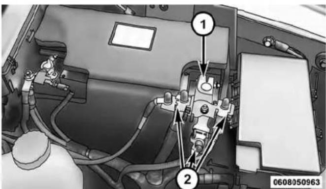 Technical diagram of a vehicle engine bay with numbered components and wiring annotations