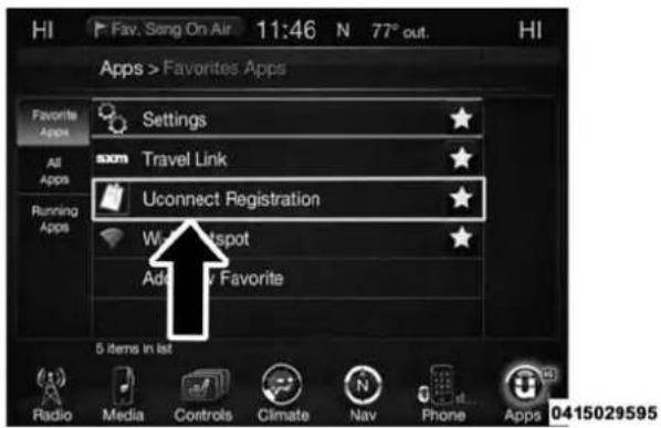 Hi Fav. Seng On Air 11:46 N 77° out. HI Apps > Favorites Apps Favorite Apps Settings ★ All Apps Travel Link ★ Running Apps Uconnect Registration ★ What Hotspot ★ Add to Favorite 5 items in list Radio Media Controls Climate Nav Phone Apps 0415029595
