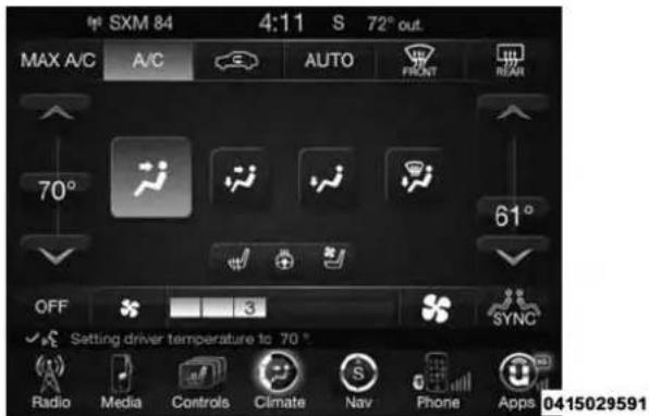 SXM 84 4:11 S 72° out. MAX A/C A/C AUTO FRONT REAR 70° 61° OFF 3 SYNC Setting driver temperature to 70 ° Radio Media Controls Climate Nav Phone Apps 0415029591